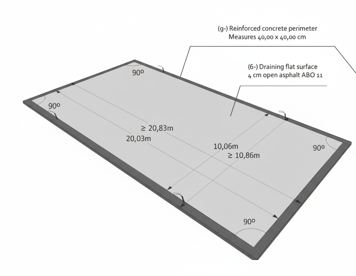 Detailed technical drawing with precise measurements for padel court construction