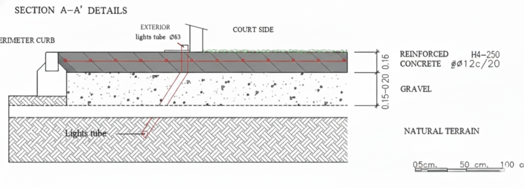 Technical cross-section drawing showing foundation layers: reinforced concrete, gravel, and natural terrain