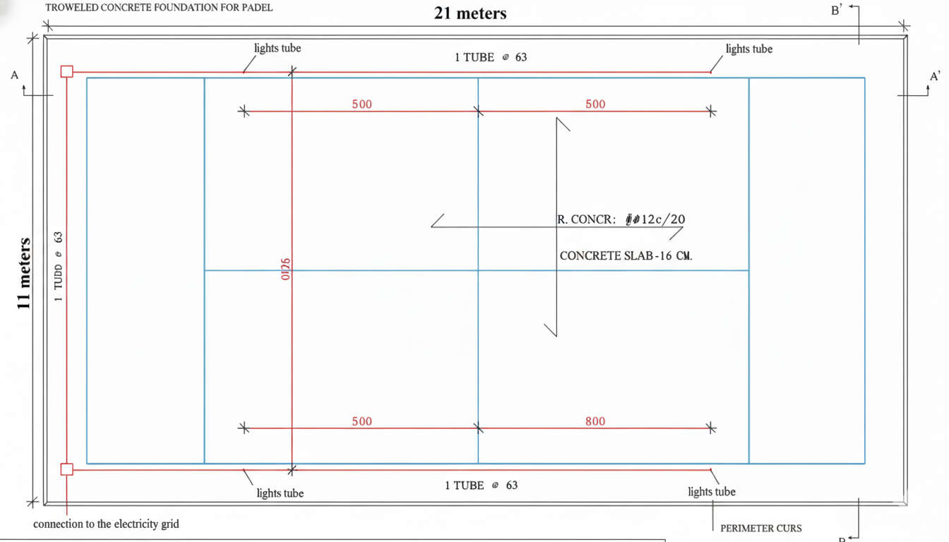 Technical drawing showing padel court foundation plan with dimensions and lighting tube layout